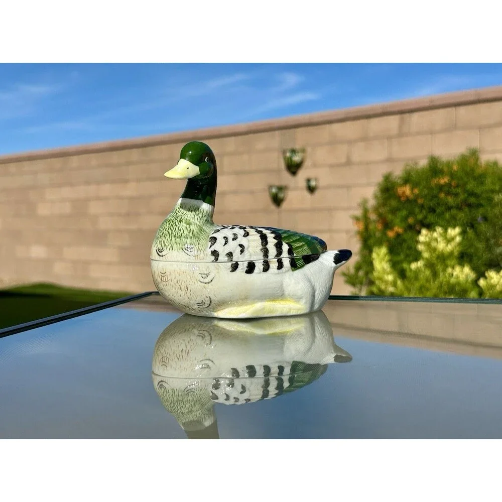 Vintage Porcelain Male Mallard Duck Figural Trinket Box/ Small Candy Dish  6” L